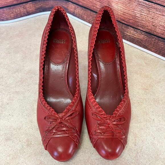 Hilary Radley Red Leather Pumps With Ruffles & Bow - Picture 3 of 16
